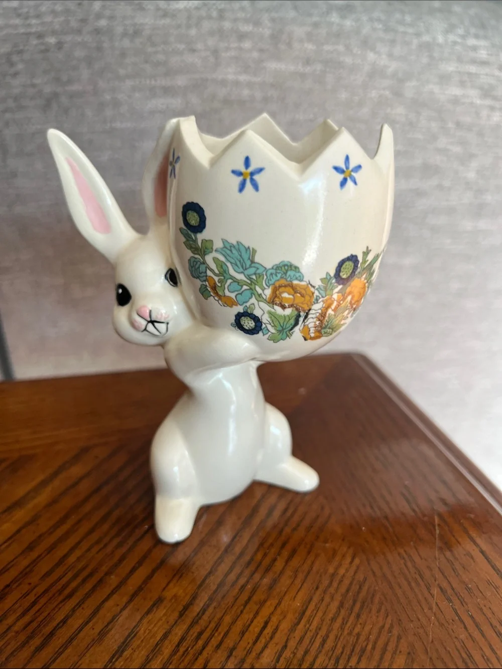 Vintage 1970s Ceramic Bunny Egg Planter with Floral Design